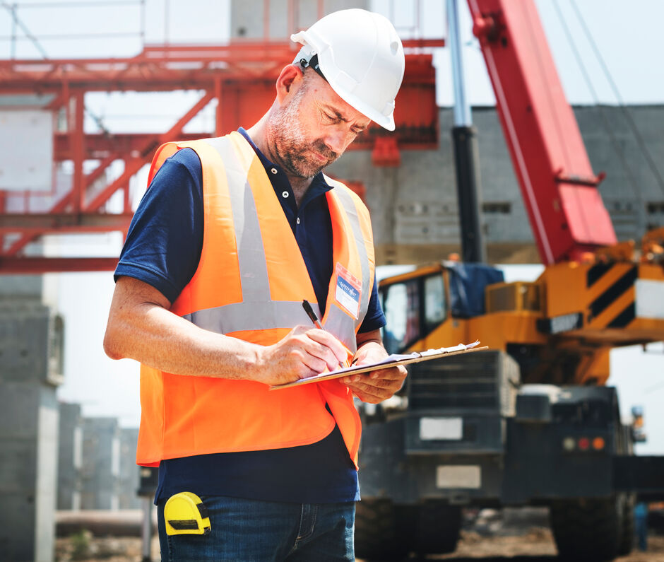 Site manager wearing safety helmet and reflective vest standing in a construction holding a clip board.